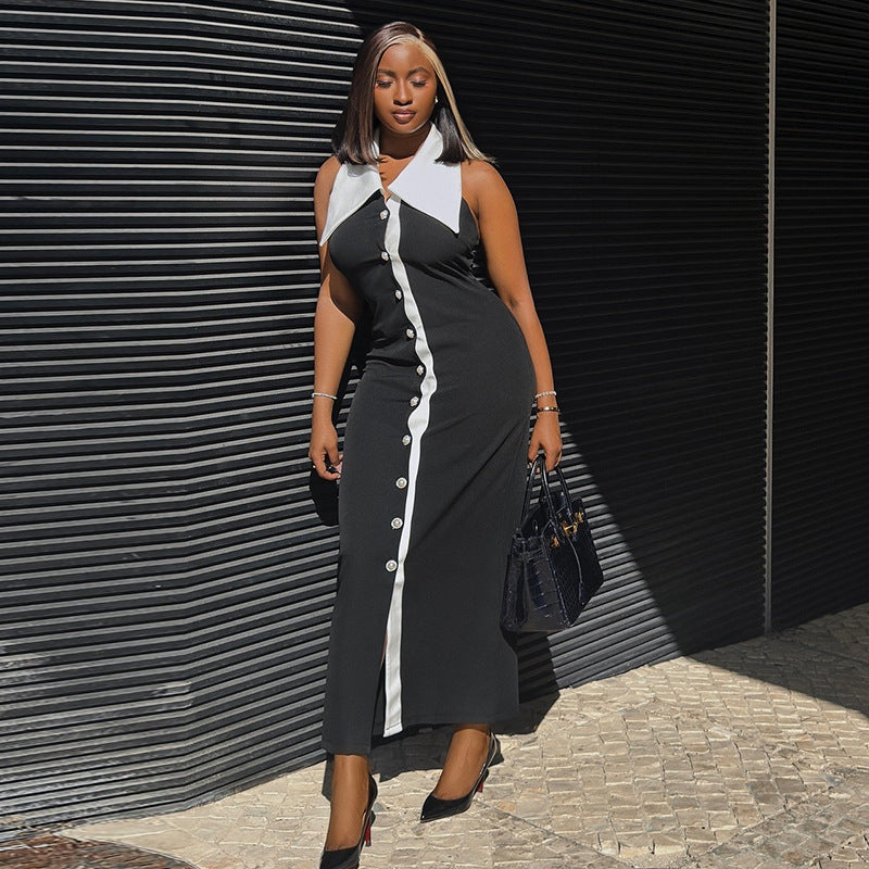 Women dress Turndown Collar color matching button sleeveless Casual Dress