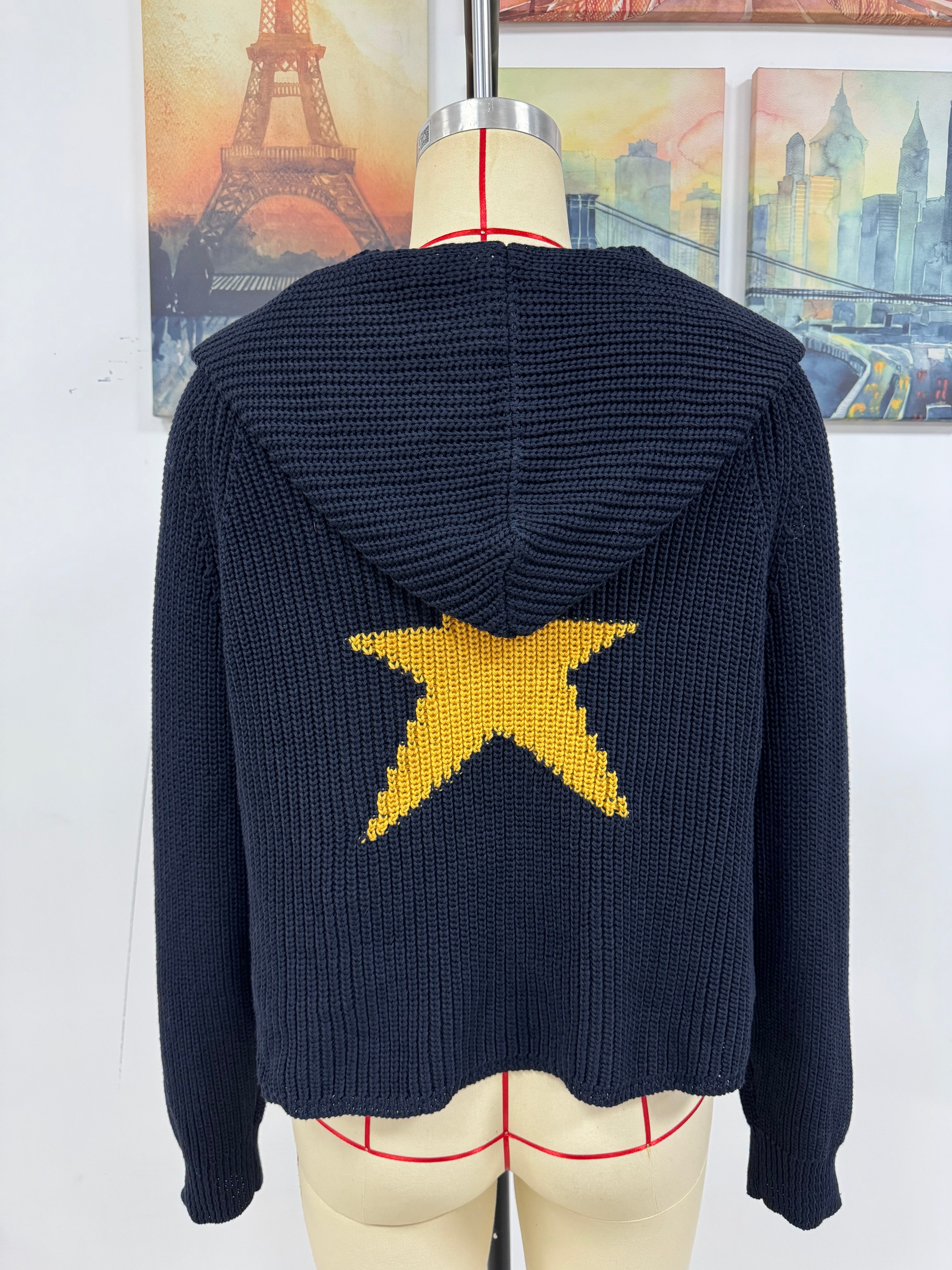 Women Autumn Winter Pullover Hooded Knitting Shirt Pocket Long Sleeve Five-Pointed Star Sweater 27