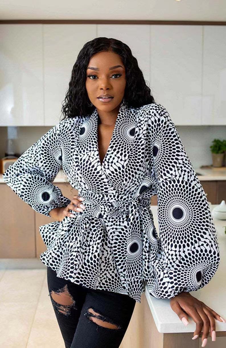 Women African Printed Cardigan Lace-Up Lantern Sleeve V Neck Long Sleeve Top 4