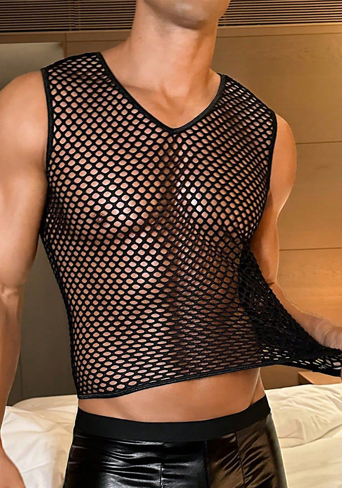 Men's Sensual Lingerie Mesh See-Through Vest Black Tight-Fitting Leather Shorts Nightclub Sexy Set