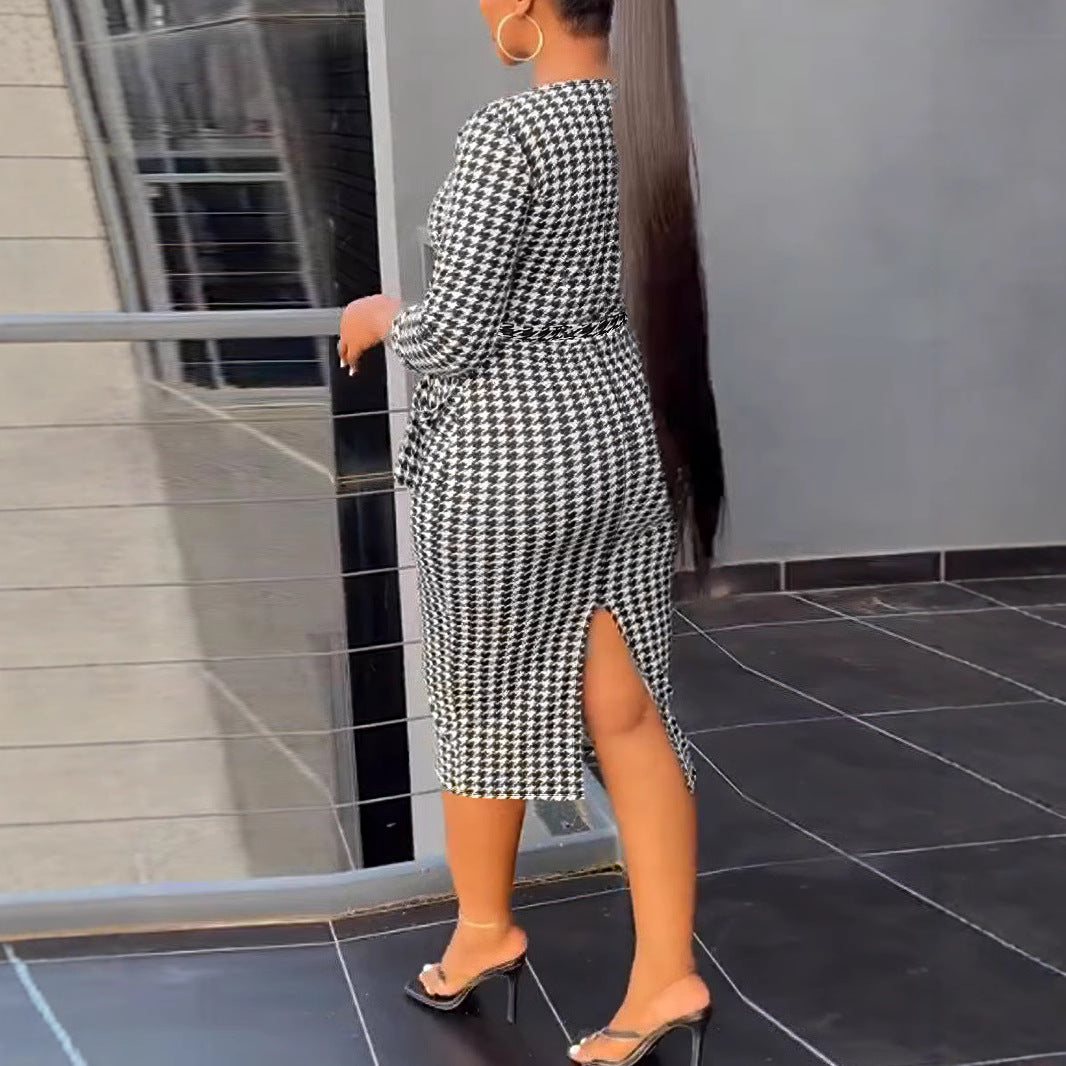 Women Sexy Printed Elastic Black and White Plaid Bodycon Dress 4