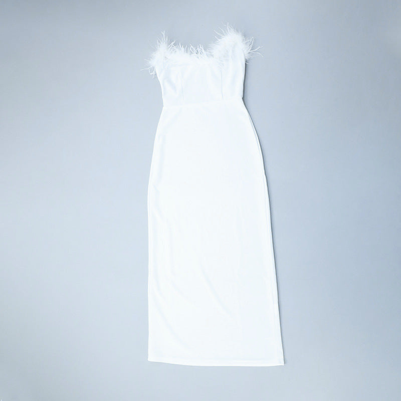 Spring Feather Deep V Sexy Tight Fitting Fashion Dress 23