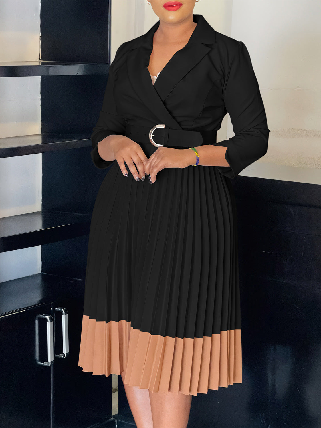 Women's Spring Turndown Collar Fashion Colorblock OL Elegant Pleated High Waist African Dress 7