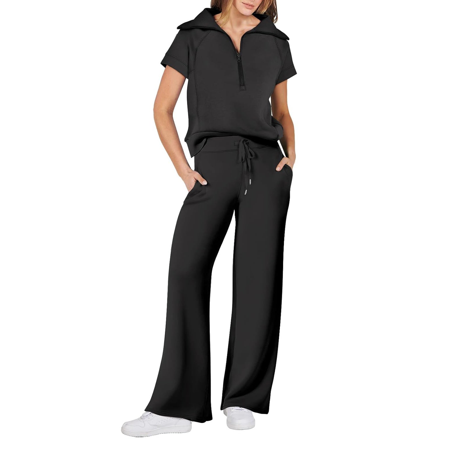 Women Casual Solid Zipper Shirt And Wide Leg Pants Two Piece Set 3