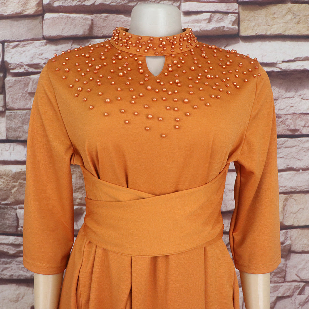 Women African Elegant Stand Collar Beaded Belt Pocket Dress 19