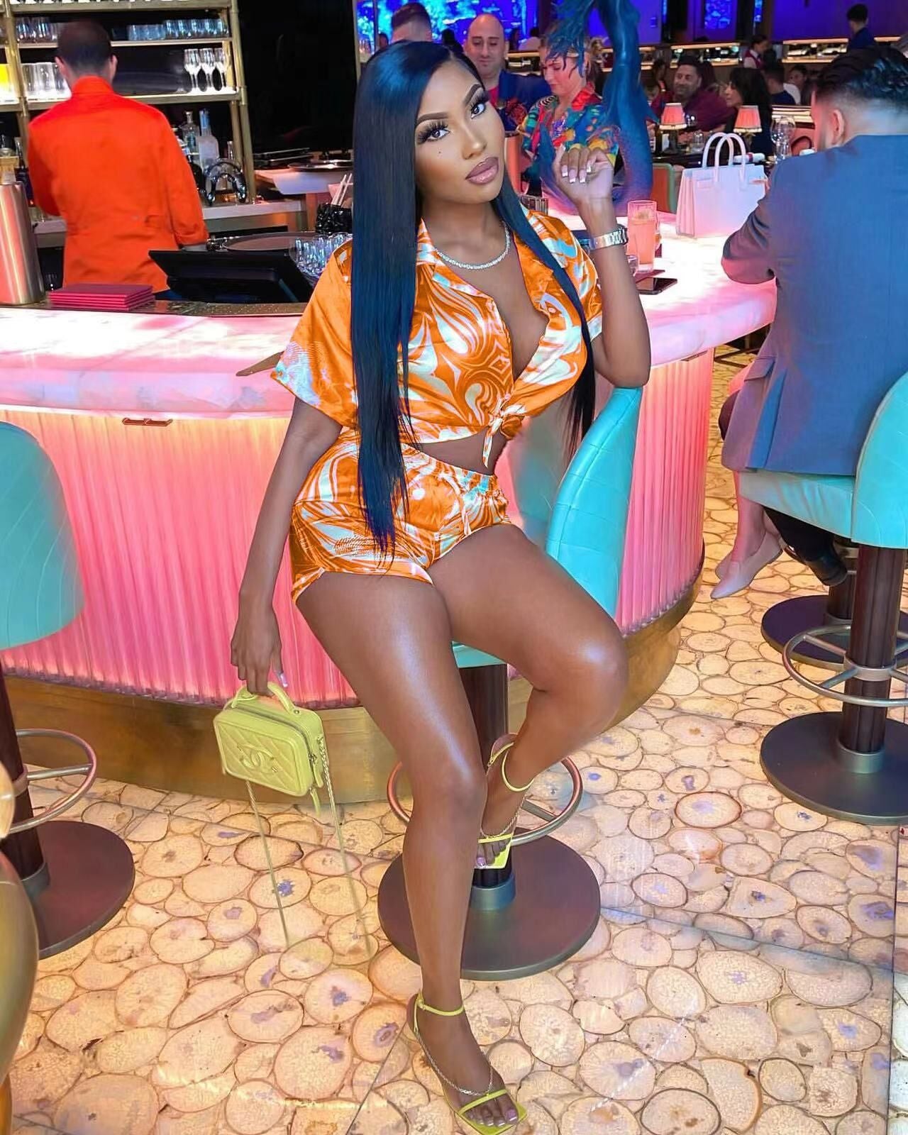 Women's Summer High Stretch Fabric Print Shirt Cropped Two Piece Shorts Set 9