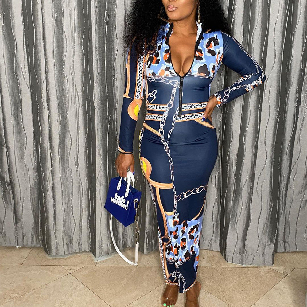 Women's Zipper Printed Long Sleeve Slim Dress With Belt 6