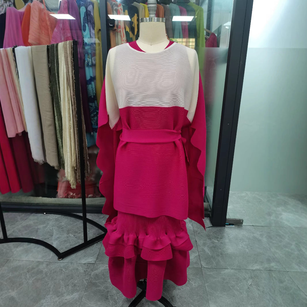 Africa Plus Size Contrast Color Round Neck Ruffle Fashion Two-Piece Dress Set 7