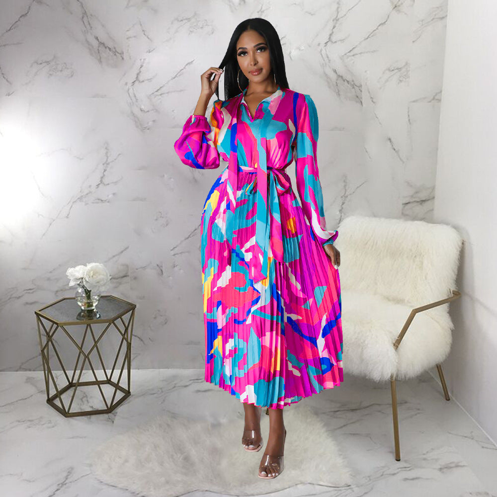 Women's Tie Long Sleeve Printed Pleated Dress 18