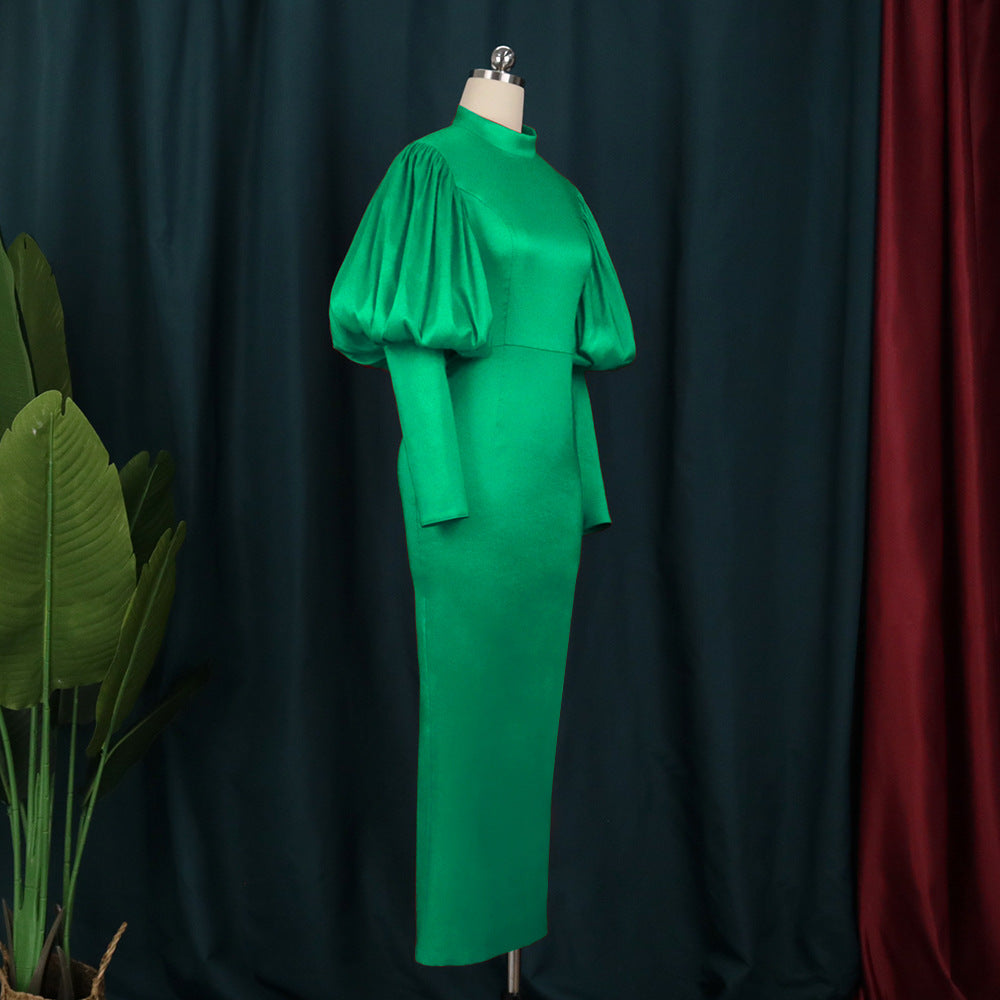 Spring Stand Collar Puff Long Sleeve High Waist Party Dress 14