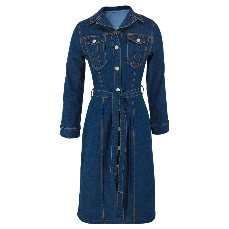 Fashion Women's Clothing Denim Long Sleeve Button Midi Dress 6