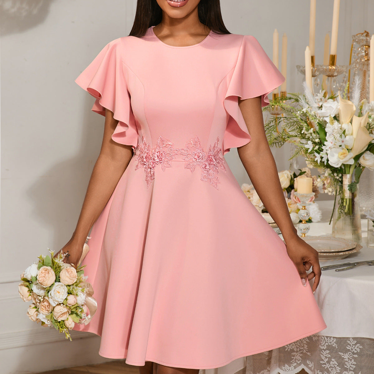 Summer Chic Round Neck Short Dress Embroidered Floral A-Line Party Gown 3