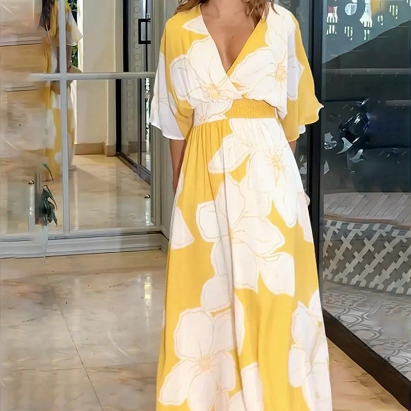 Spring Summer Women's Fashion Chic Printed V-Neck Low Back Maxi Dress