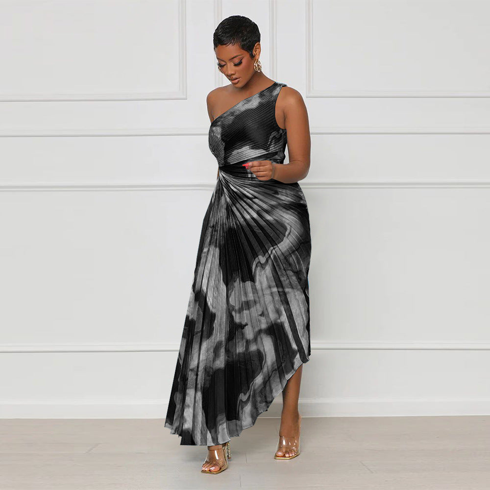 Women Slash Shoulder Sleeveless Pleated Maxi Dress 5