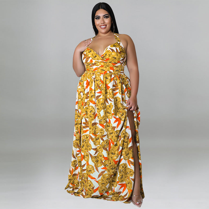 Plus Size Women's Summer Sexy Halter Low Back Print Slit Maxi Dress 6