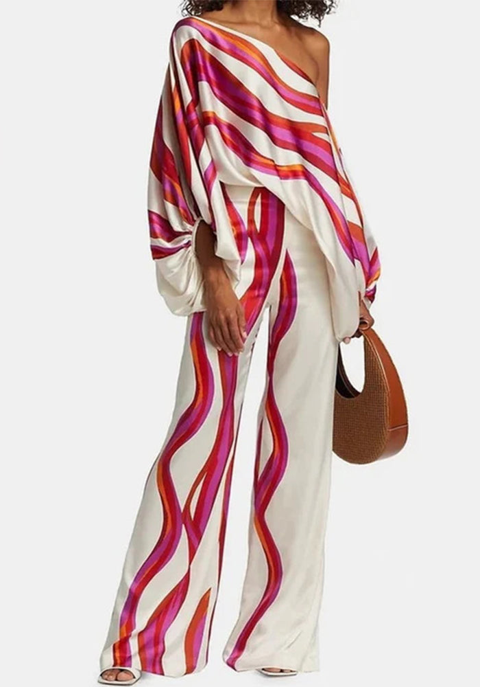 Women Casual Loose Off Shoulder Top and Printed Wide Leg Pants Two-piece Set