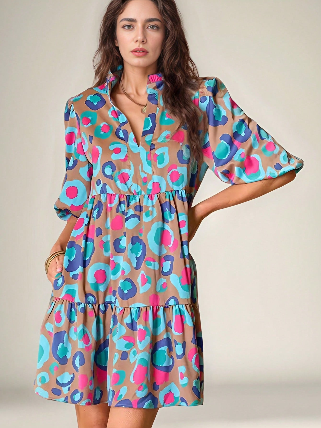 Spring/Summer Women's Print Puff Sleeves V-Neck Loose Half Sleeve Dress