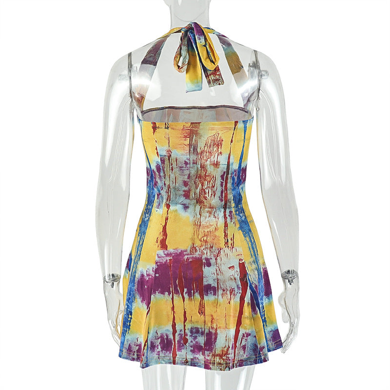 Color Block Print Women's Slim Waist Trendy A-Line Short Dress 8