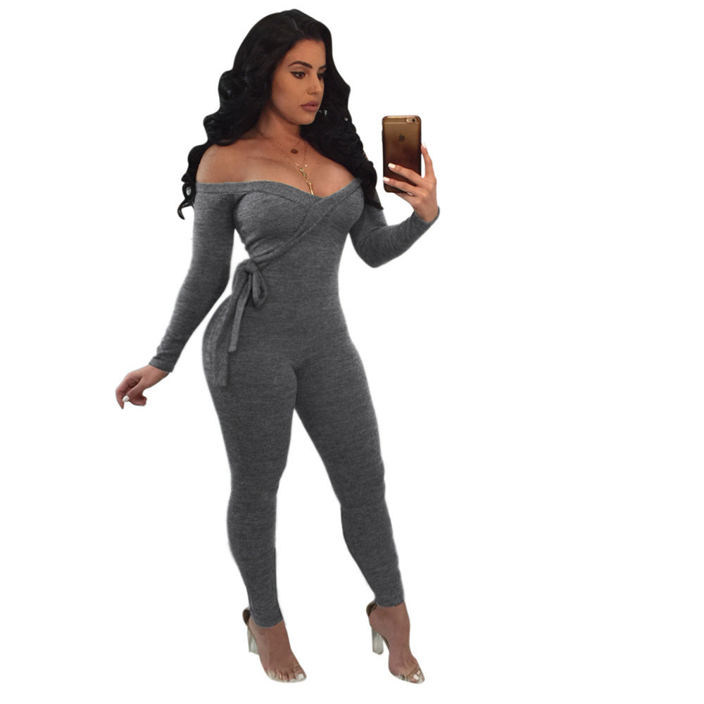 Sexy deep v women's long-sleeved off-the-shoulder Jumpsuit 13
