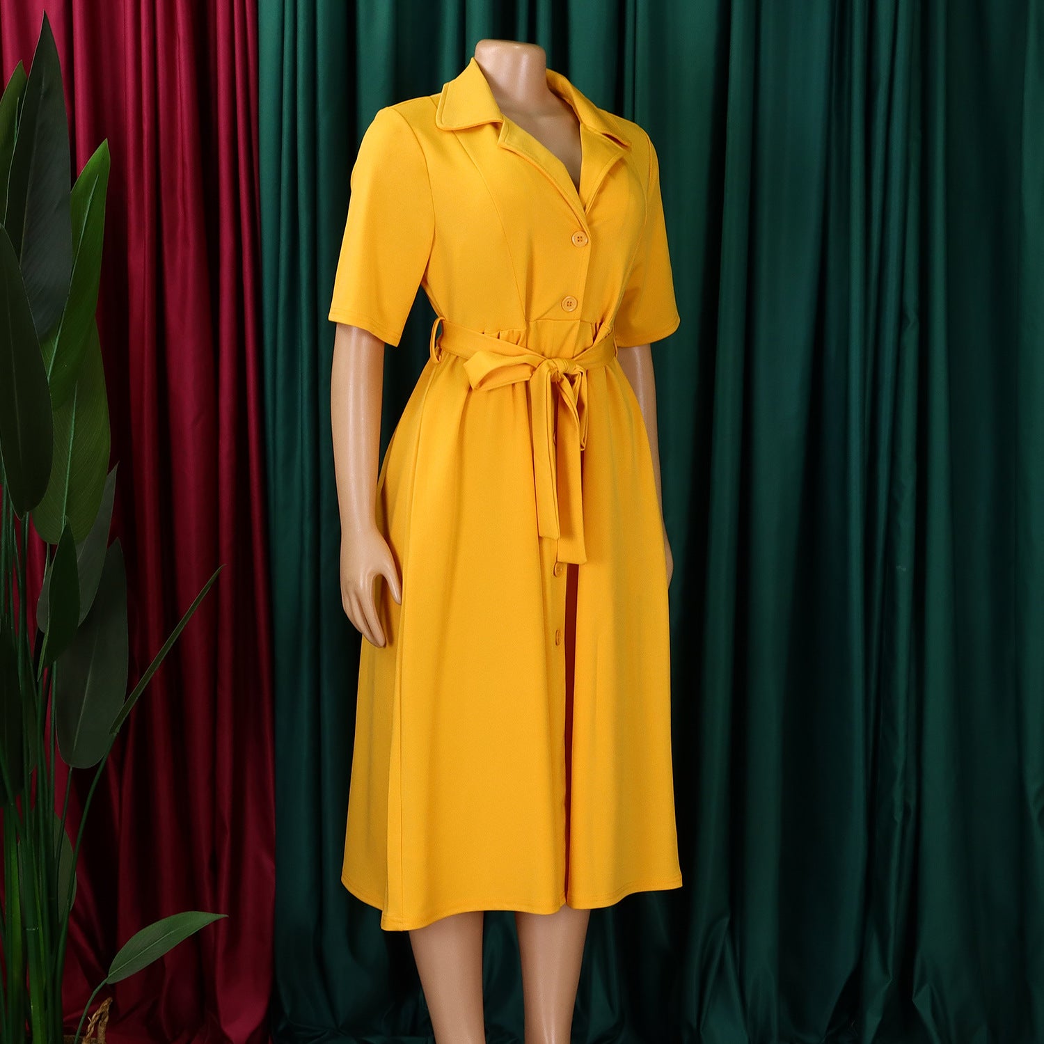 Plus Size Women Summer Short Sleeve Turndown Collar Lace-Up Solid African Dress 27