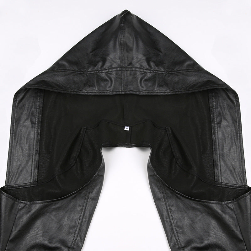 Hip-Hop Street Trendy Hooded Ultra-Short Leather Long-Sleeved Pure Black Jacket 13
