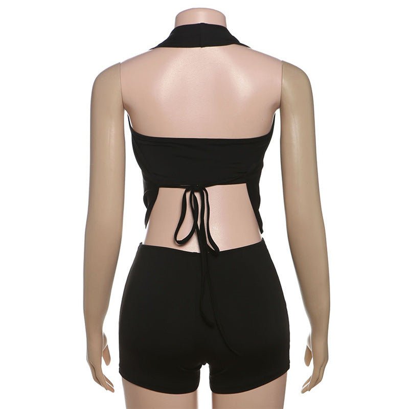 Women Summer Solid Strapless Halter Neck Top and Shorts Two-piece Set 6