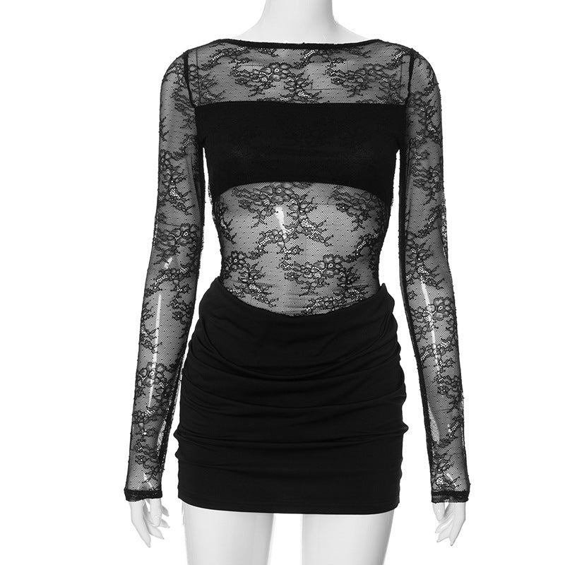 Summer Women solid lace see-through sexy bodycon dress 11