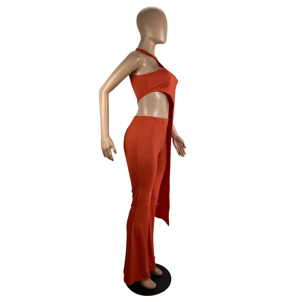 Women sexy asymmetrical Solid Top and Pant two-piece set 7