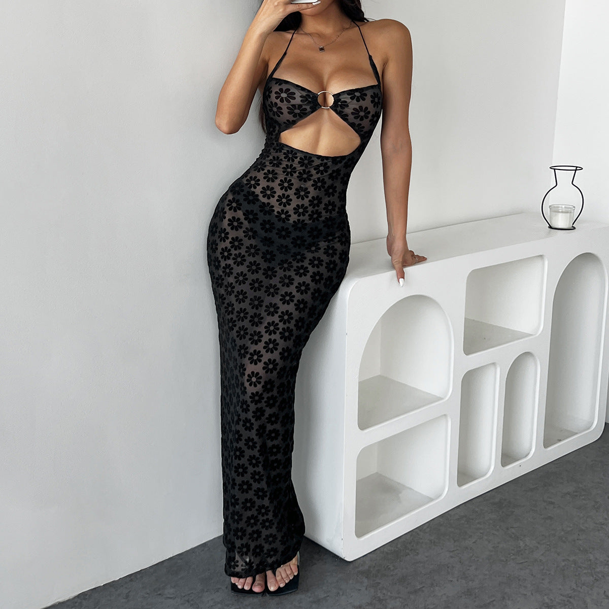 Chic Halter Neck See-Through Metal Ring Hollow Sexy Women Bodycon Dress 4