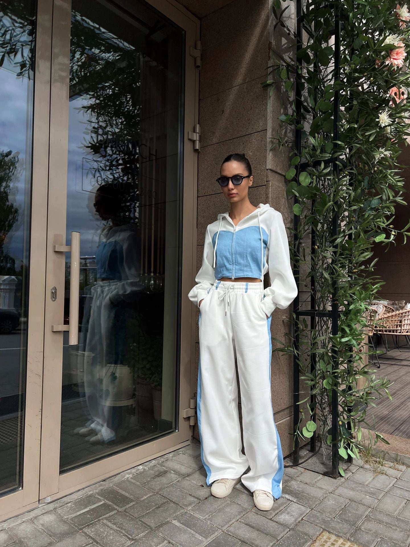 Women Color Block Hooded Contrast Top and Pants Two-piece Set 3