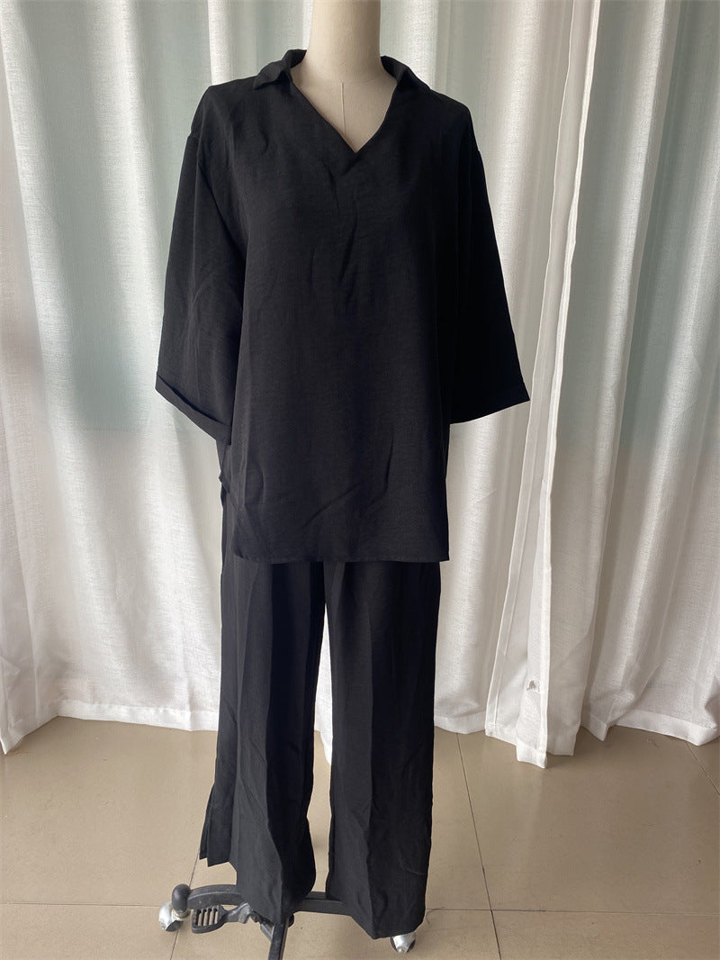 Plus Size Women Loose Top and Slit Wide Leg Pants Two-piece Set 13