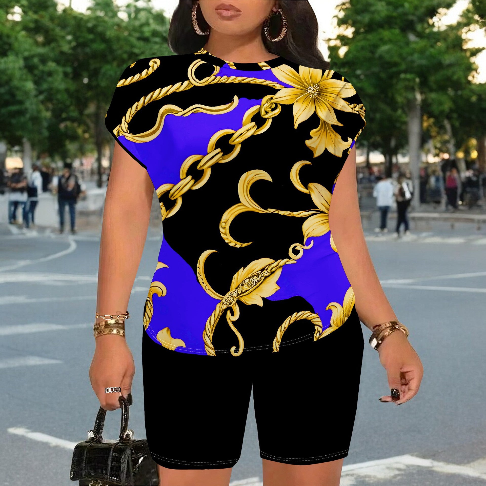 Women Fashion Printed Short Sleeve T-shirt and Shorts Two-piece Set