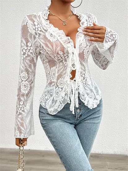 Women see-through lace long-sleeved ruffled mesh crop top 4