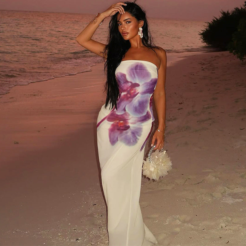 Women summer off-shoulder printed mesh two-layer sexy strapless dress 3