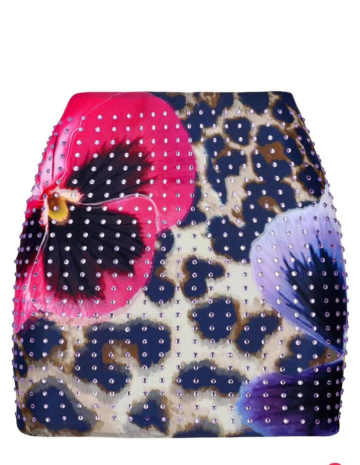 Women summer mesh rhinestone sexy print top and skirt two-piece set 9