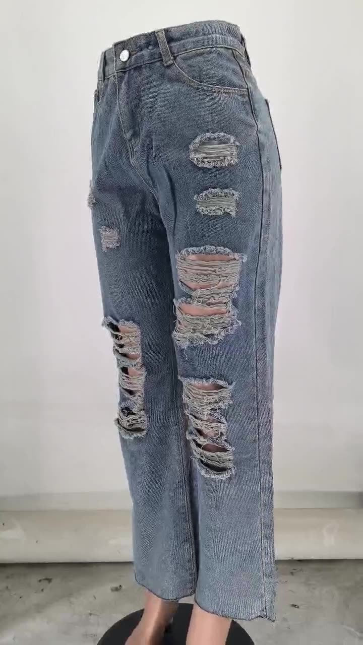 Women Pocket Ripped Straight Washed Denim Pants 6