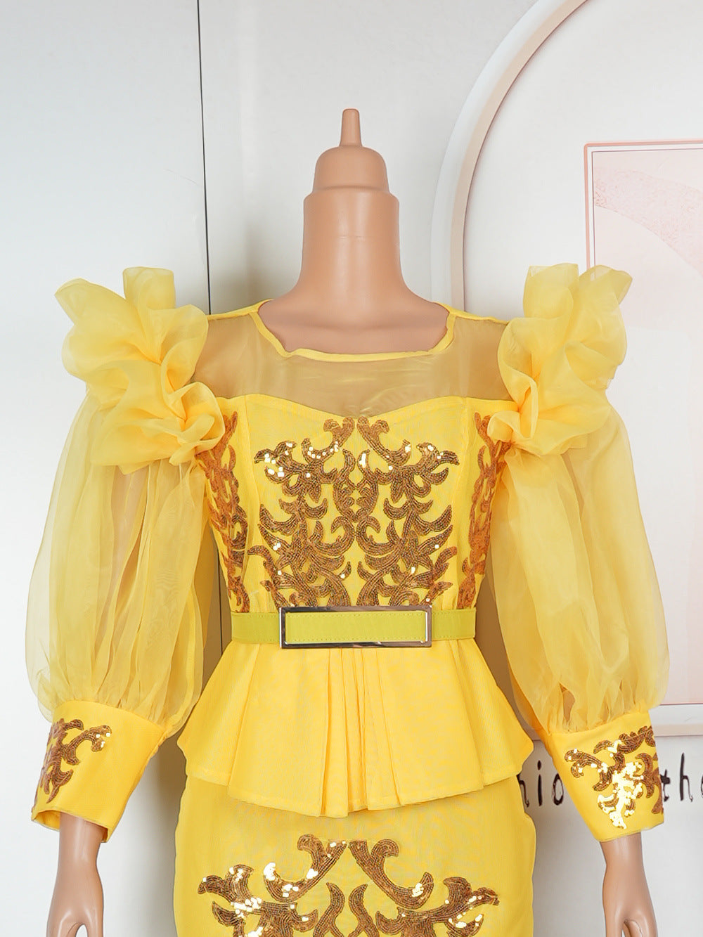 African Plus Size Women's Clothing Patchwork Bubble Sleeve Sequined High Waist Evening Dress 11