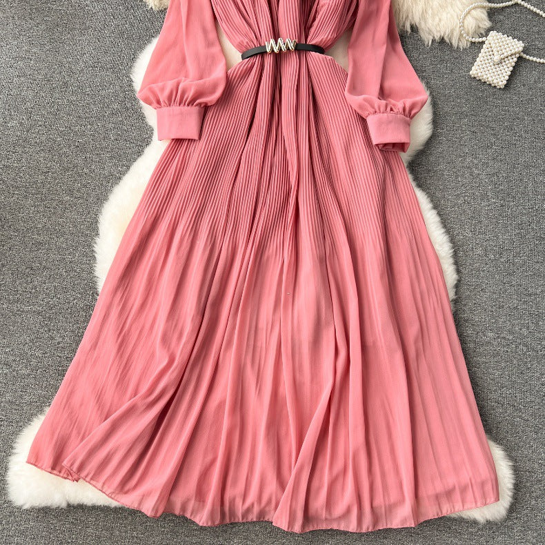 Spring Women's Bow Pleated Chiffon Puff Sleeve Long Dress 31