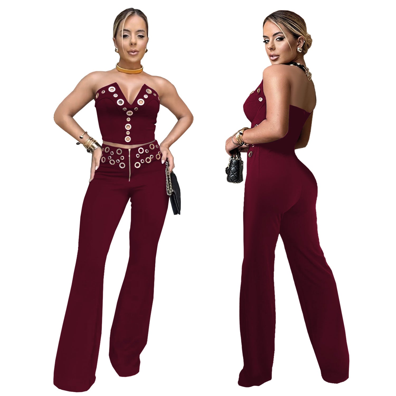 Women's Sexy Strapless Metal Buckle Fashionable Two Piece Pants Set 5
