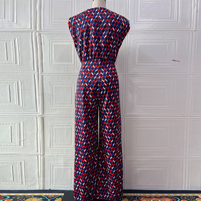 Women Summer Sleeveless Diamond Plaid Wide-Leg Jumpsuit 6