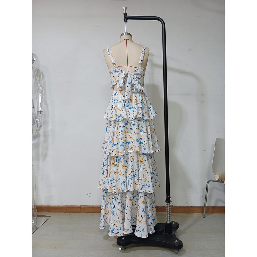 Women summer sexy strap floral cascading ruffles dress 8