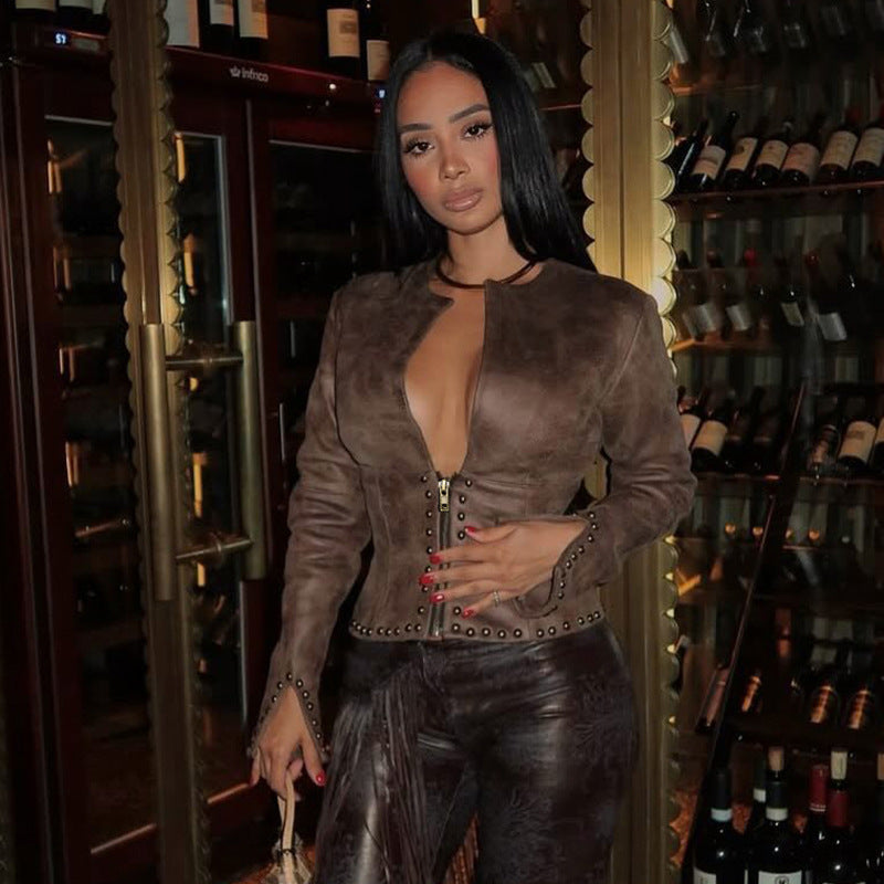 Women Autumn/Winter Pu-Leather Half-Open Collar Zippered Rivet Waist Crop Jacket 16