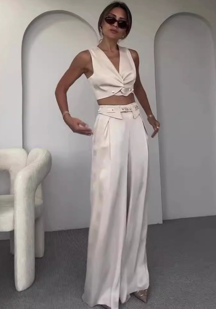 Summer women's solid color v-neck vest wide-leg trousers fashion set