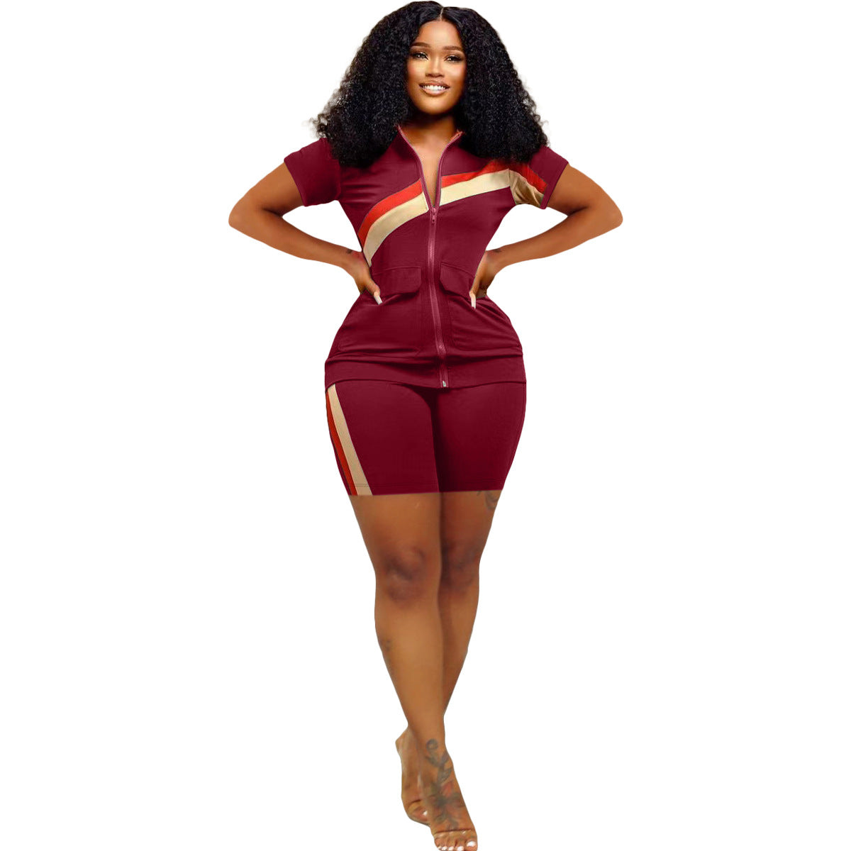 Women's Sports Casual Fashion Zip Pocket Top Shorts Two-Piece Set 19