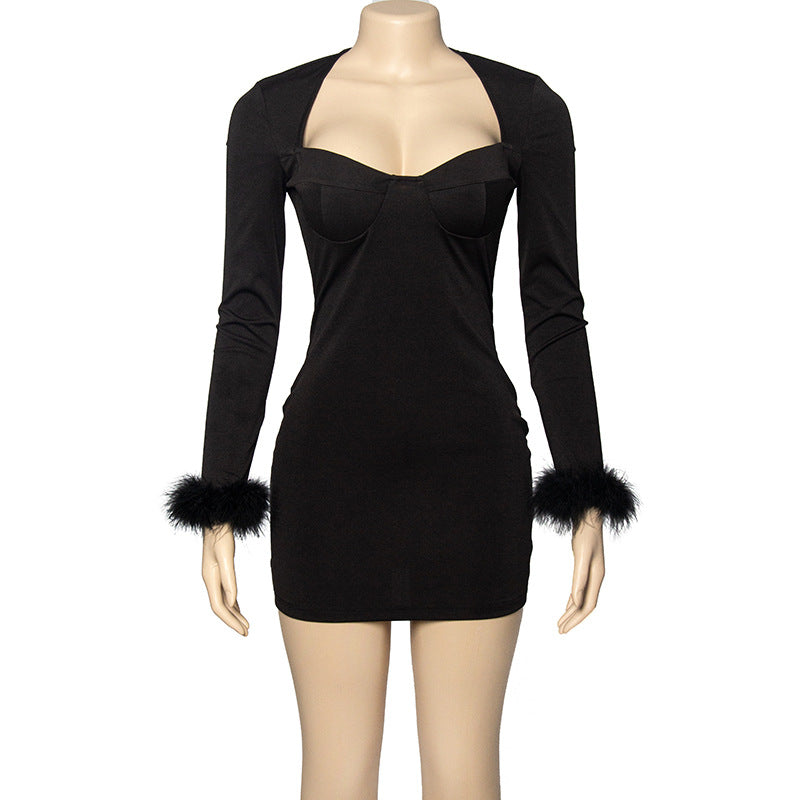 Autumn Solid Color Low Cut Feather Patchwork Long Sleeve Bodycon Dress 14