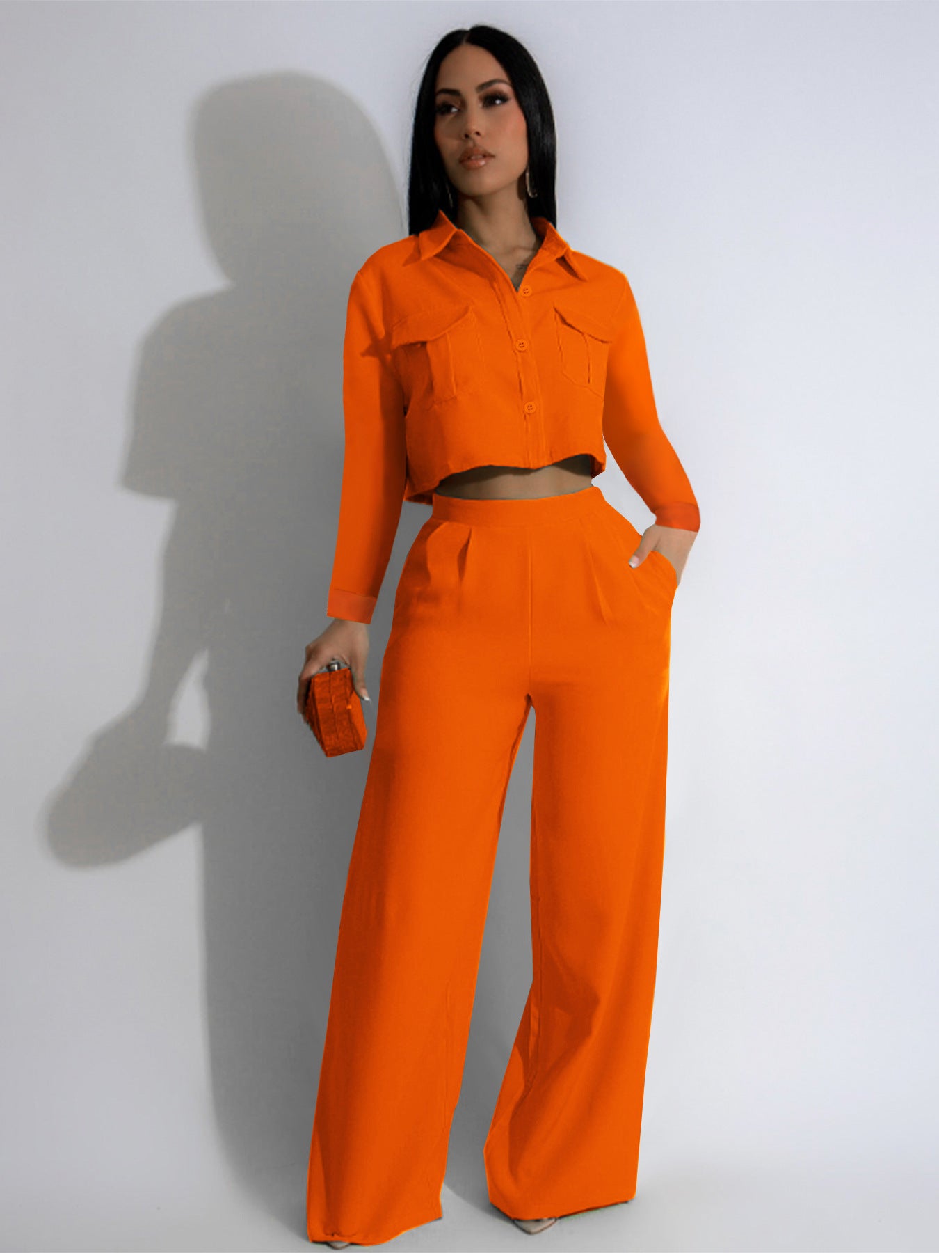 Women Fall Turndown Collar Long Sleeve Top and wide-leg pants Two Piece Set 3