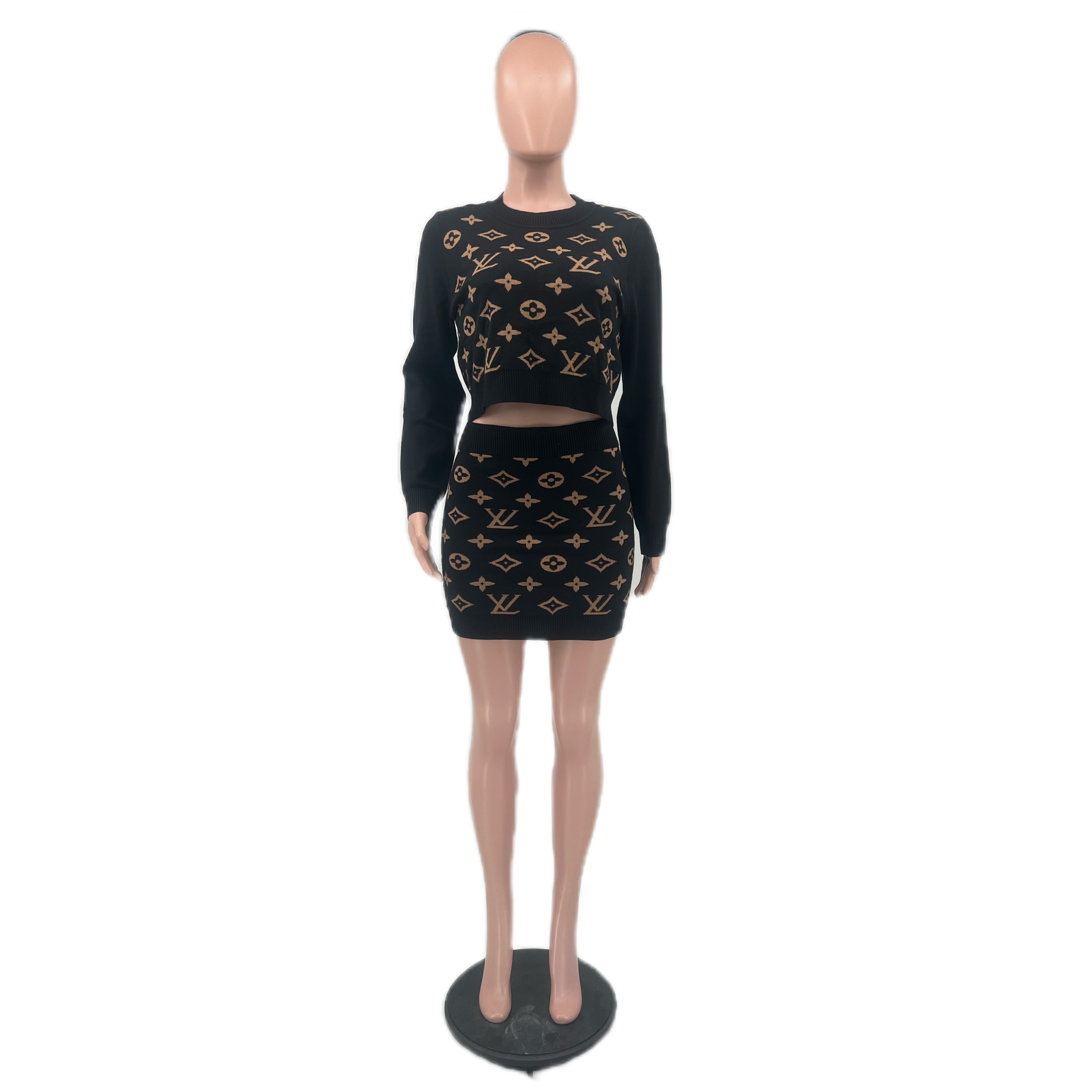 Women's Winter Round Neck Pullover Long Sleeve Sweater Short Skirt Two-Piece Set 12