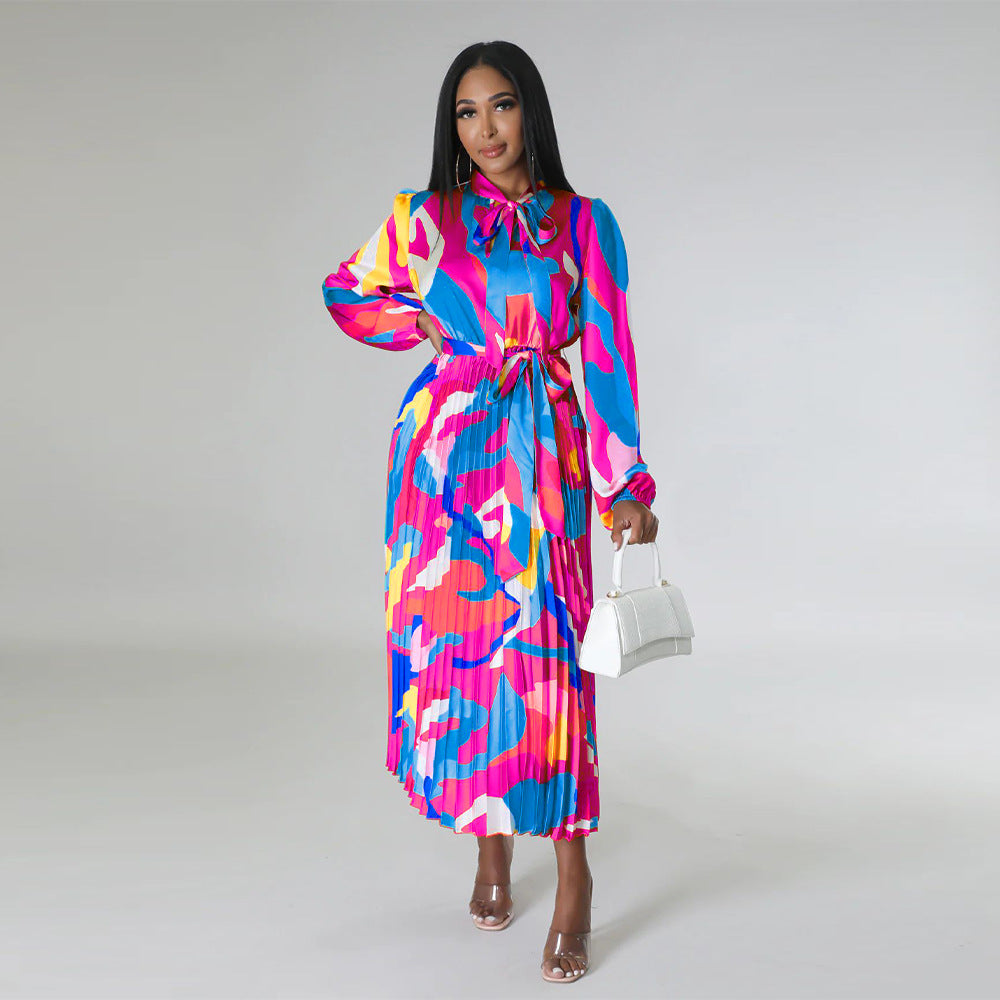 Women's Tie Long Sleeve Printed Pleated Dress 21