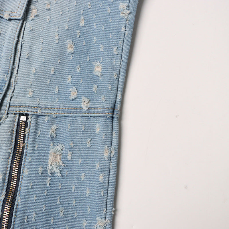 Spring Trend Ripped Pocket Blue Cargo Pants High Waist Long Denim Trousers 7