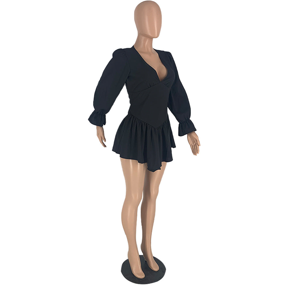 Women V-Neck Ruffle Sleeve Elegant Pleated Dress 12